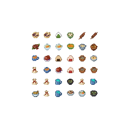 Make 36 tiny pixel icons matching the attached food or in...