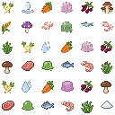 Make 36 tiny pixel icons matching the attached food or in...