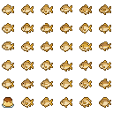 Create 36 tiny simple pixel-art icons of gold-brown carp...