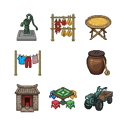 Eight objects of a southern Chinese village, each seen fr...