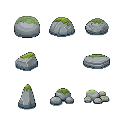 Eight separate river rocks for a mountain stream in a top...