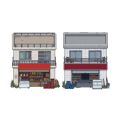A two-storey village shop in Zhejiang, China, around 2020...