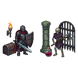 Create a cohesive 2D pixel art asset pack for a dark fant...