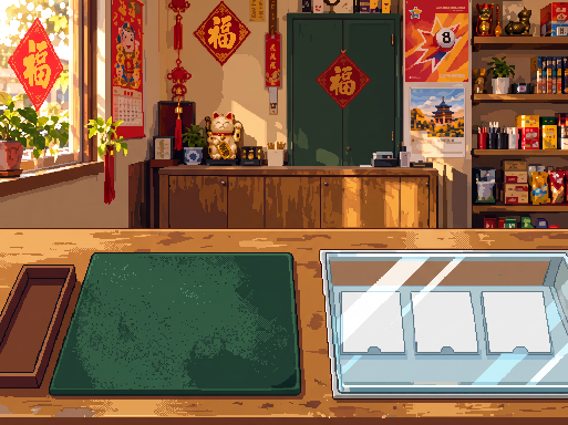 Warm nostalgic pixel art of a small cosy Chinese corner l...