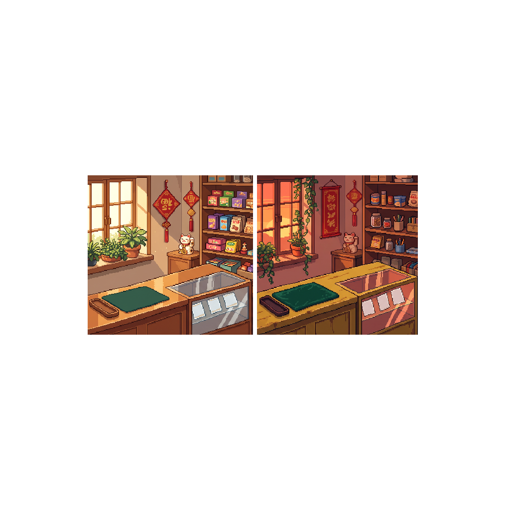 Warm nostalgic pixel art of a small cosy Chinese corner l...