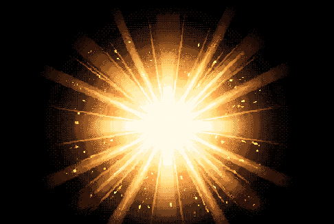 A warm golden dithered pixel-art light burst with soft ra...