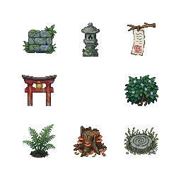 请创建一套森林神社 sprite pack，包含青苔石砖、石灯、祈福纸条、鸟居细节和配套植被道具。