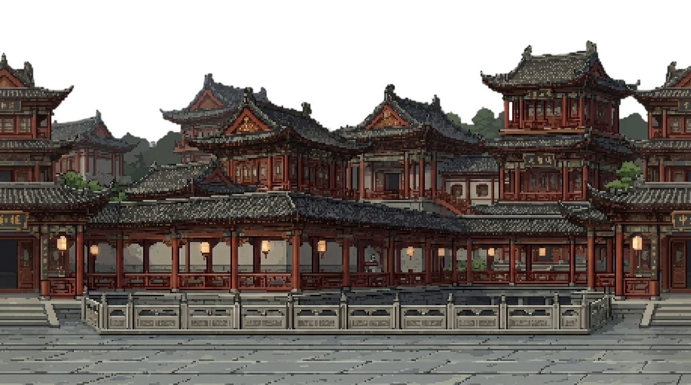 mid:中式古建筑群，风格为宋元明左右，高度约为屏幕的一半 | bg: | fg: