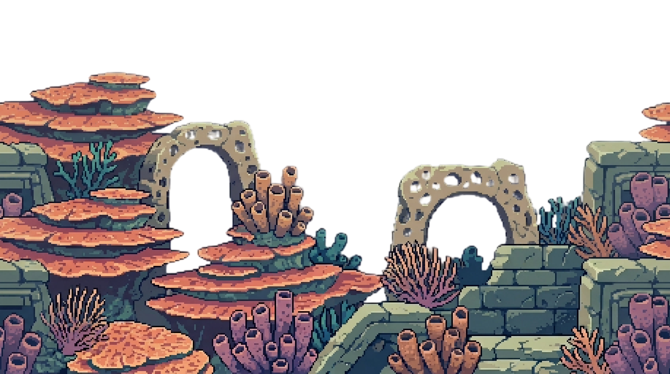 mid:2D side-view pixel art underwater coral garden playab...
