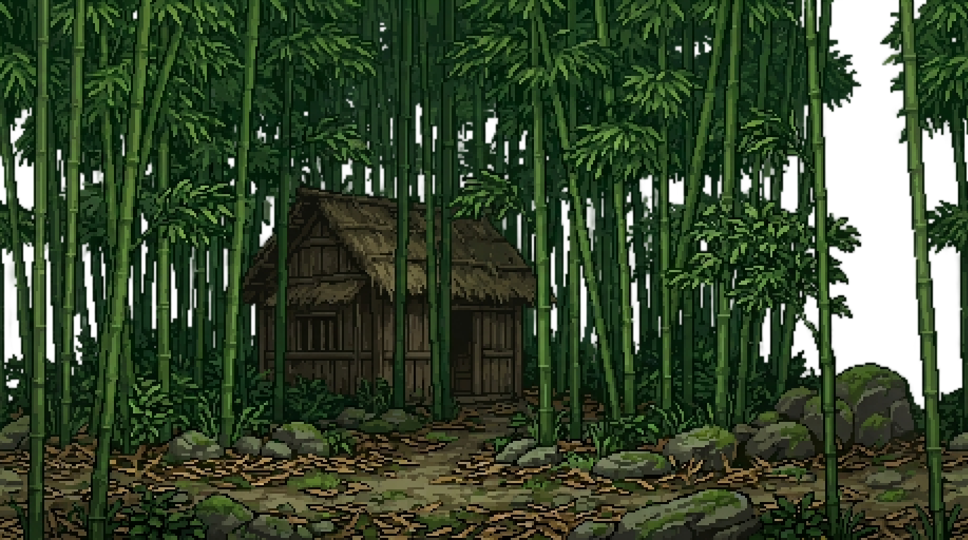 mid:白日中的密竹林，隐隐约约可以看到远处有木屋 | bg: | fg: